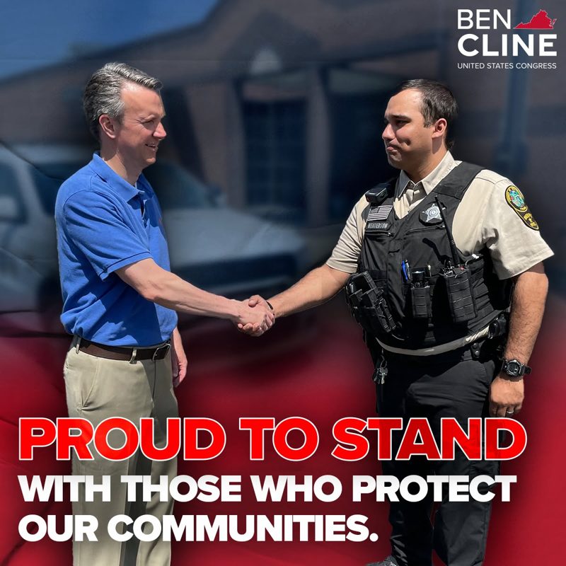 Ben Cline shaking hands with a sheriff's deputy, headline Proud to Stand