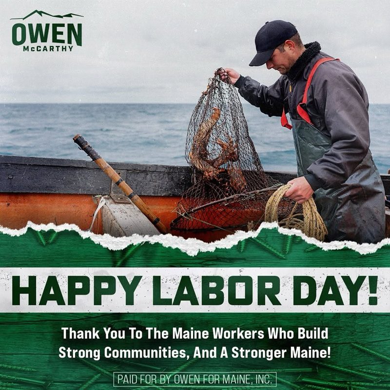 Happy Labor Day graphic with Maine fisherman