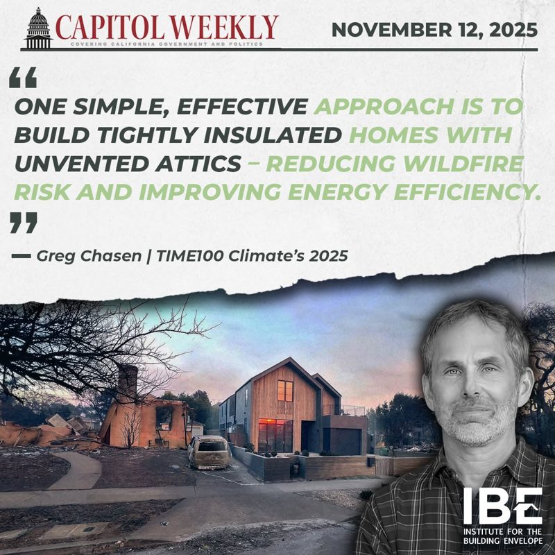 Capitol Weekly quote graphic on insulated homes and wildfire risk
